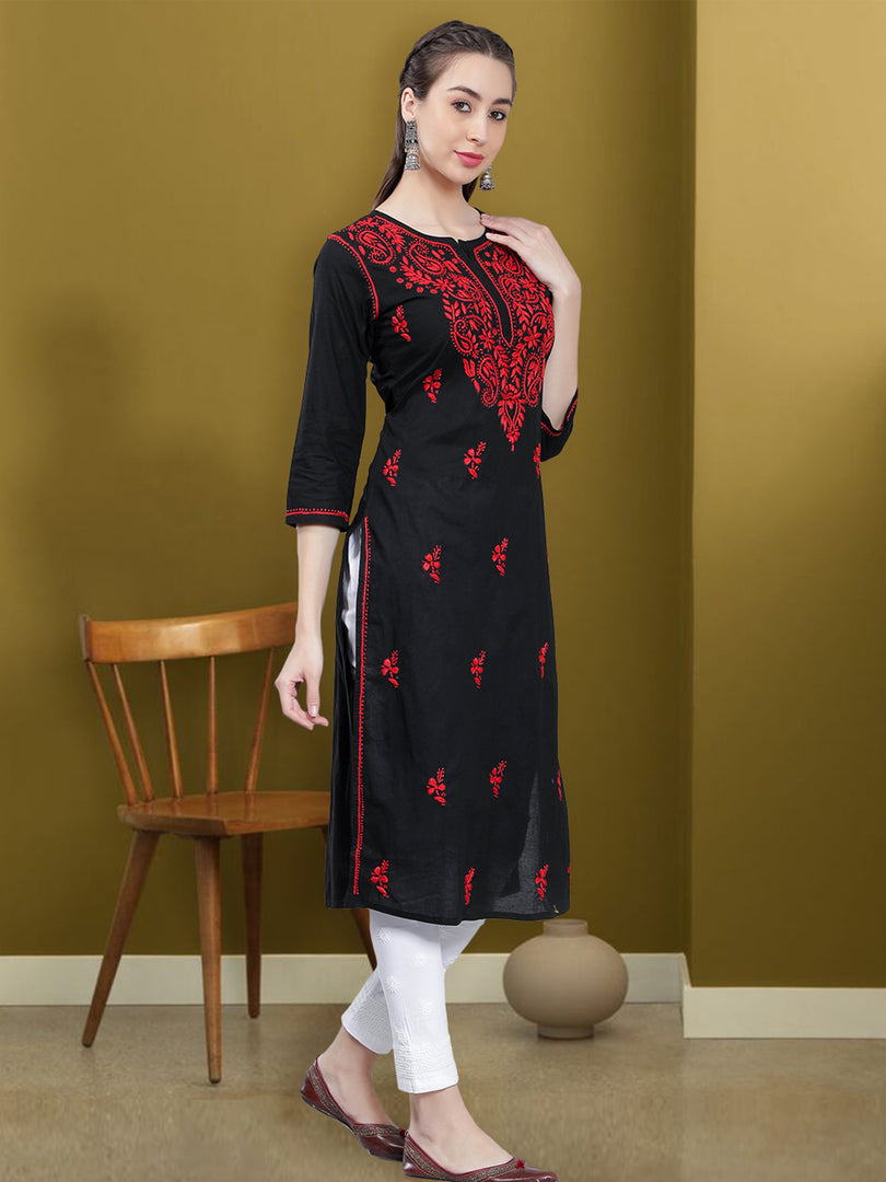 Seva Chikan Hand Embroidered Black Cotton Lucknowi Chikankari Kurta