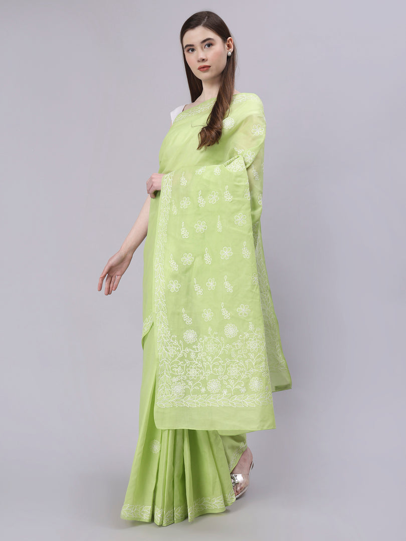 Seva Chikan Hand Embroidered Green Terivoil Cotton Lucknowi Chikankari Saree- SCL6047