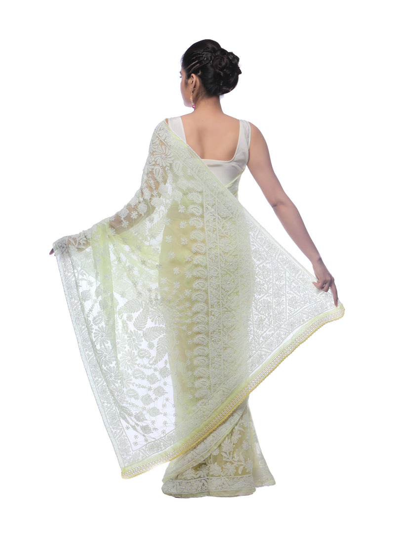 Seva Chikan Hand Embroidered Lemon Georgette Lucknowi Saree-SCL0414