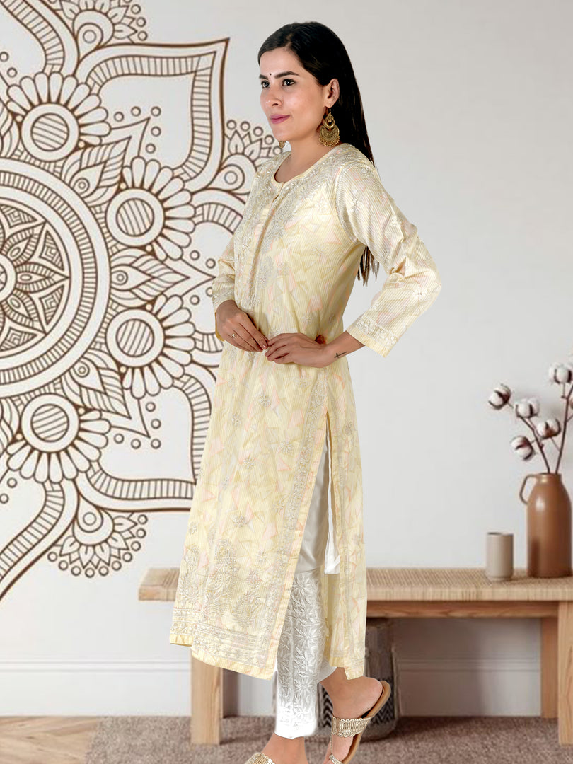 Seva Chikan Hand Embroidered Yellow Cotton Lucknowi Chikan Kurti SCL1322