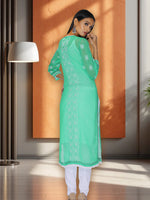 Load image into Gallery viewer, Seva Chikan Hand Embroidered Green Cotton Lucknowi Chikan Kurti SCL1066
