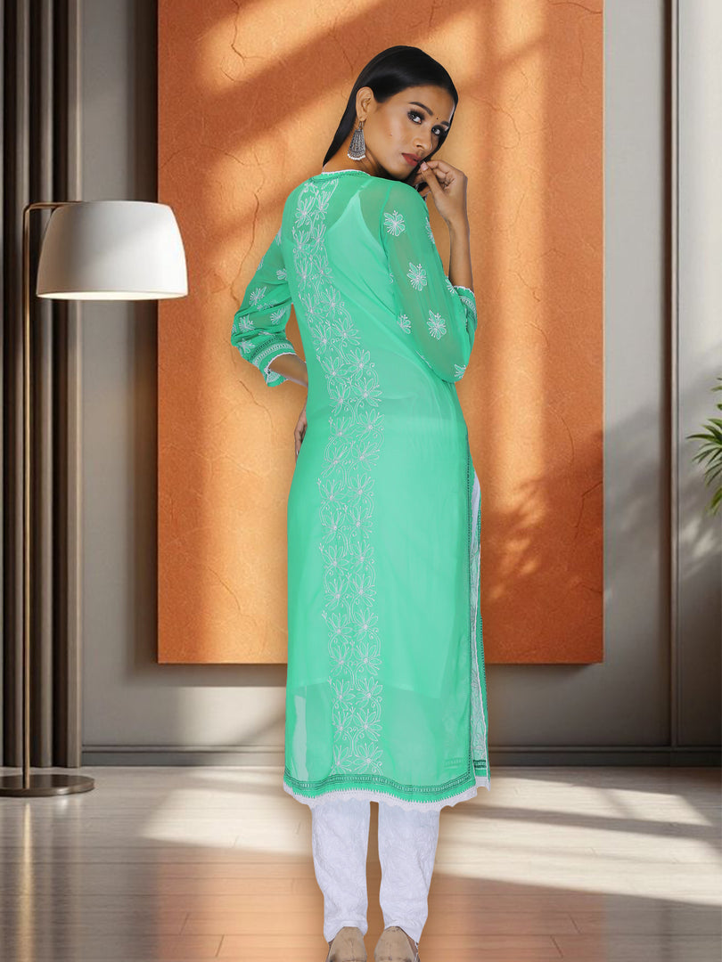 Seva Chikan Hand Embroidered Green Cotton Lucknowi Chikan Kurti SCL1066