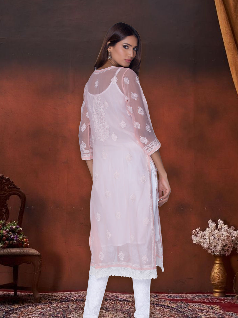 Seva Chikan Hand Embroidered Peach Georgette Lucknowi Chikan Kurti SCL1032