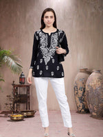 Load image into Gallery viewer, Seva Chikan Hand Embroidered Black Modal Lucknowi Chikankari Top SCL9108
