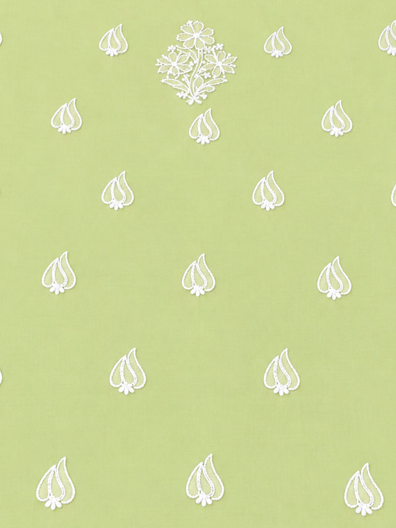 Seva Chikan Hand Embroidered Pista Green Cotton Lucknowi Chikankari Unstitched Suit Piece-SEV15036