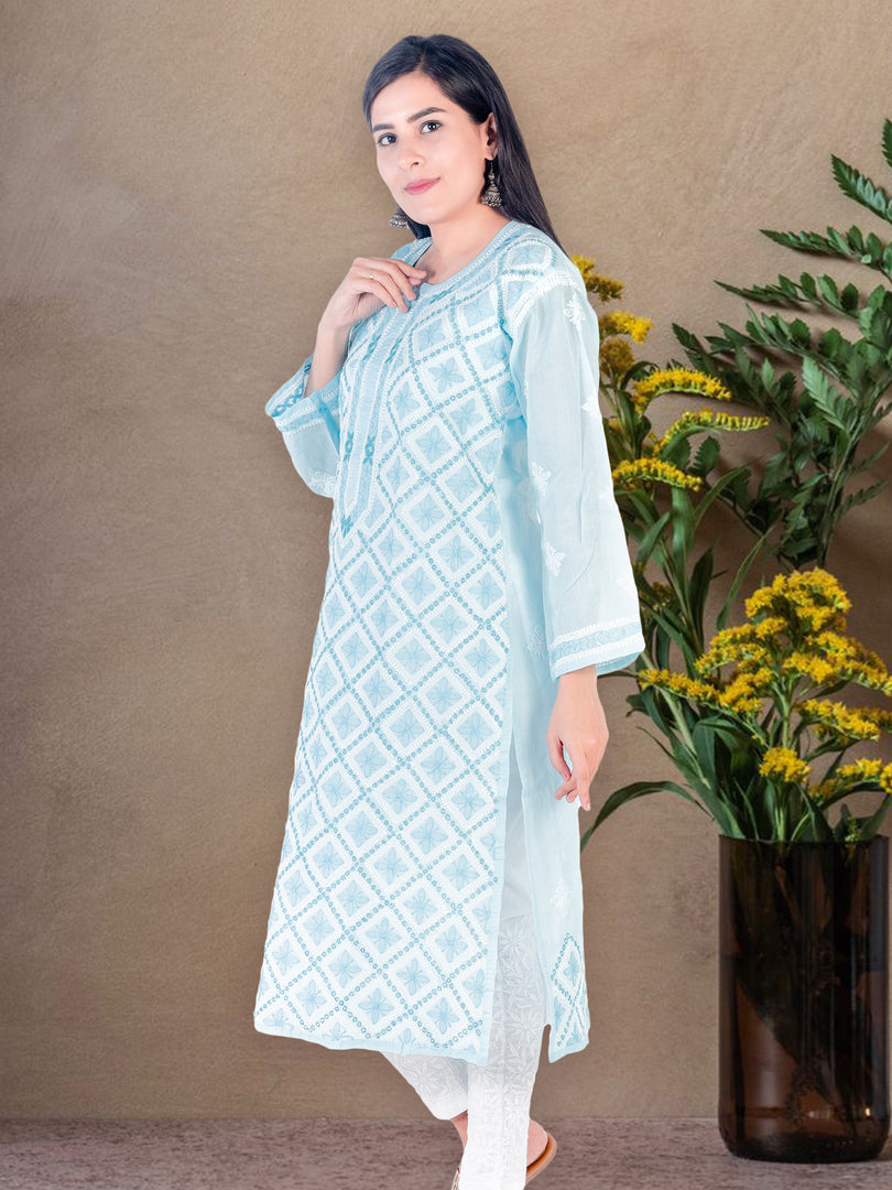Seva Chikan Hand Embroidered Sky Blue Cotton Lucknowi Chikan Kurti SCL1218