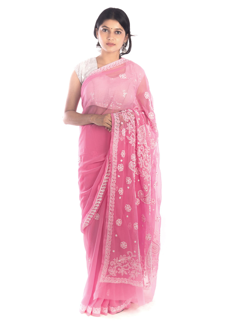 Seva Chikan Hand Embroidered Pink Georgette Chikan Lucknowi Saree With Sequins/ Pearl Work-SCL1193