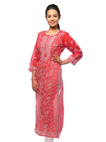 Load image into Gallery viewer, Seva Chikan Hand Embroidered Red Cotton Lucknowi Chikan Kurta-SCL0663

