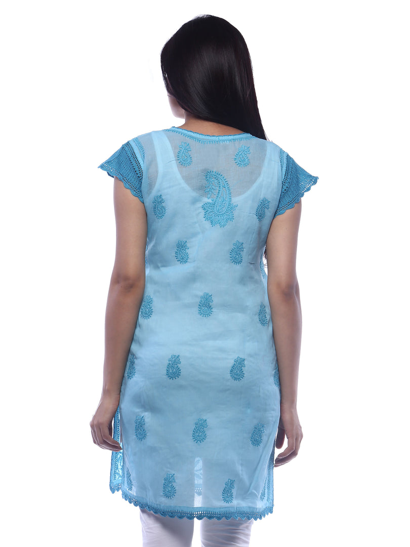 Seva Chikan Hand Embroidered Blue Cotton Lucknowi Chikan Top-SCL0331