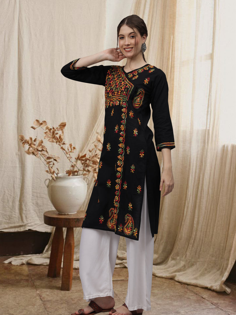 Seva Chikan Hand Embroidered Black Cotton Lucknowi Chikankari Kurta-4626