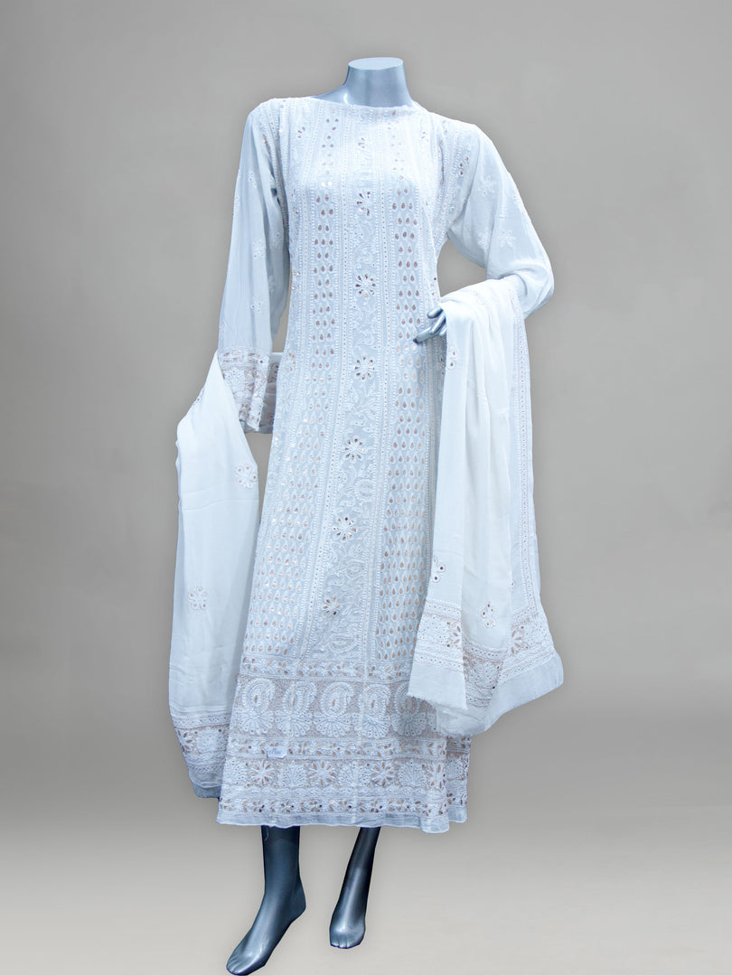 Seva Chikan Hand Embroidered White Pure Georgette Semi-Stitched Anarkali & Dupatta With Gotta Patti & Mukaish Work-SCL0880