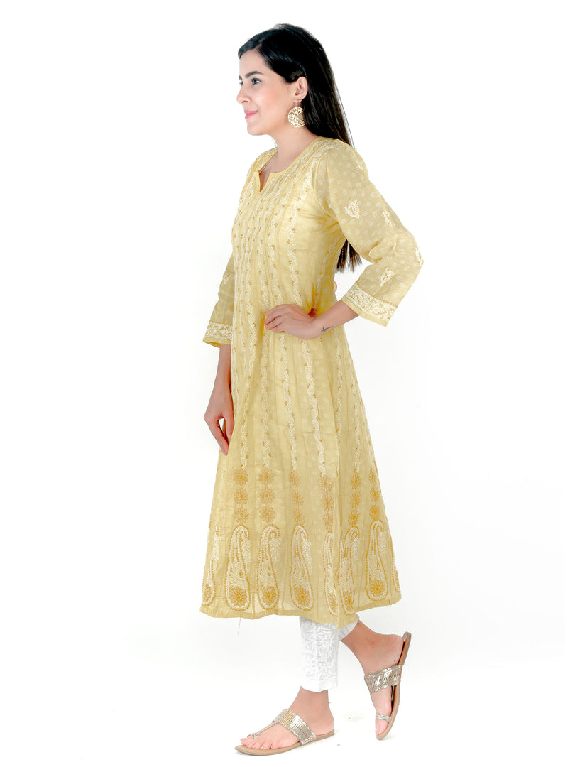 Seva Chikan Hand Embroidered Yellow Cotton Lucknowi Chikankari Anarkali-SCL1238