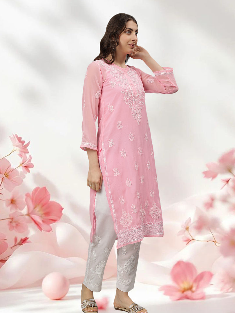 Seva Chikan Hand Embroidered Georgette Lucknowi Chikankari Kurta With Slip