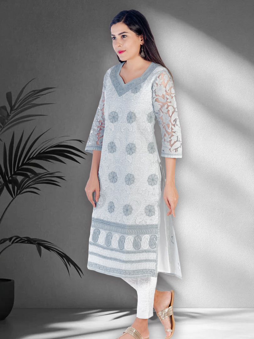 Seva Chikan Hand Embroidered Grey Cotton Lucknowi Chikan Kurti SCL1207