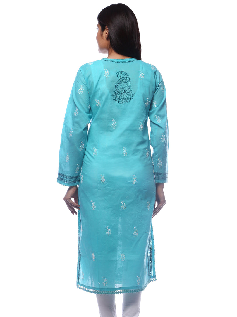 Seva Chikan Hand Embroidered Turquoise Cotton Lucknowi Chikan Kurti-SCL0252