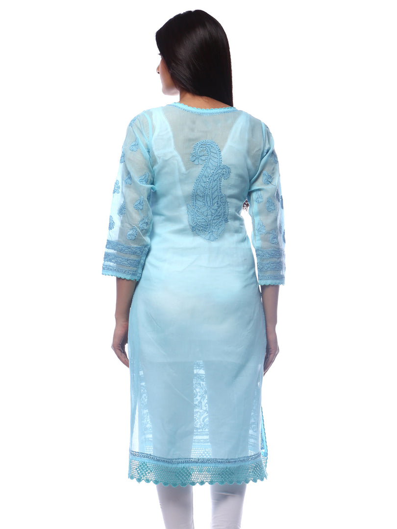 Seva Chikan Hand Embroidered Blue Cotton Lucknowi Chikan Kurti-SCL0274