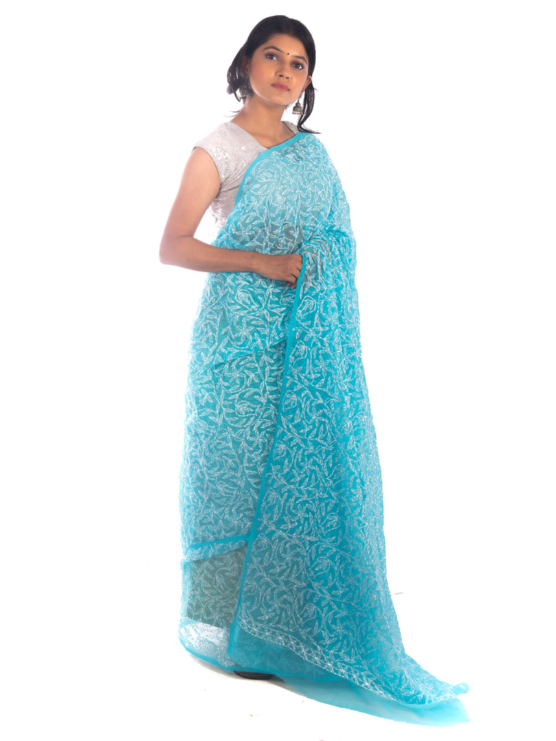 Seva Chikan Hand Embroidered Sky Blue Georgette Lucknowi Saree-SCL1758