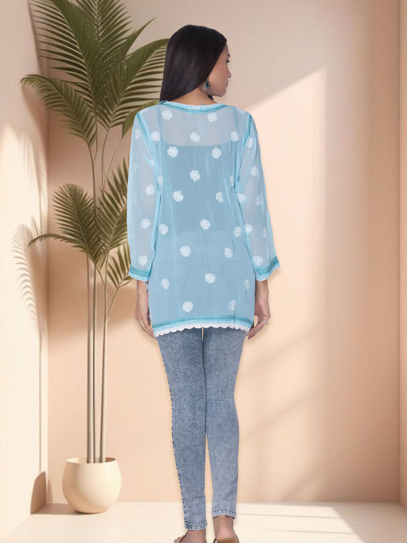Seva Chikan Hand Embroidered Sky Blue Georgette Lucknowi Chikan Kurti SCL1059