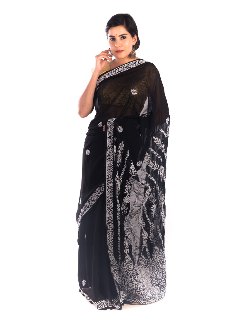 Seva Chikan Hand Embroidered Black Georgette Lucknowi Saree-SCL1762