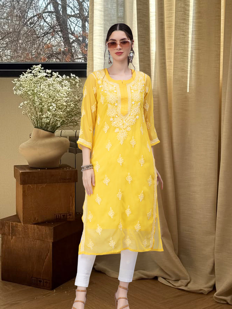 Seva Chikan Hand Embroidered Georgette Chikankari Kurta With Matching Slip