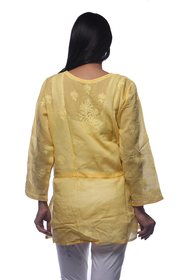 Seva Chikan Hand Embroidered Yellow Cotton Lucknowi Chikankari Short Top-SCL0186