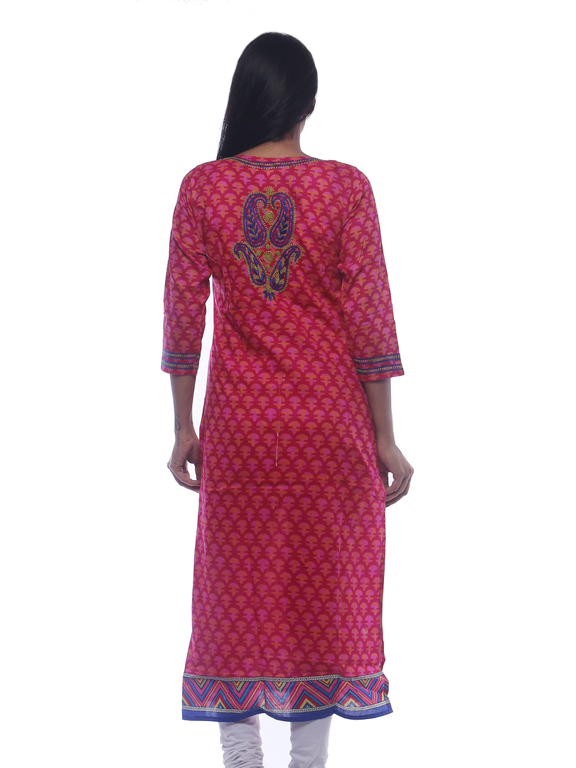 Seva Chikan Hand Embroidered Magenta Cotton Lucknowi Chikan Kurti-SCL0201