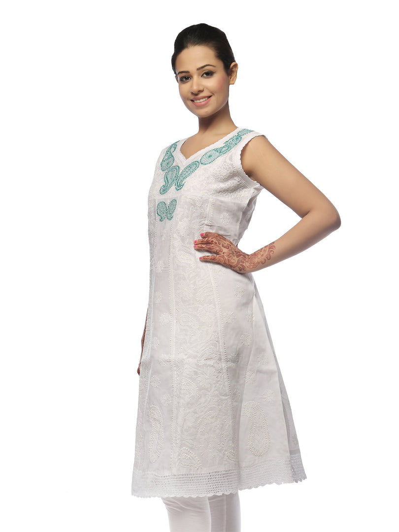 Seva Chikan Hand Embroidered White Cotton Lucknowi Chikan A-Line Kurta-SCL0672