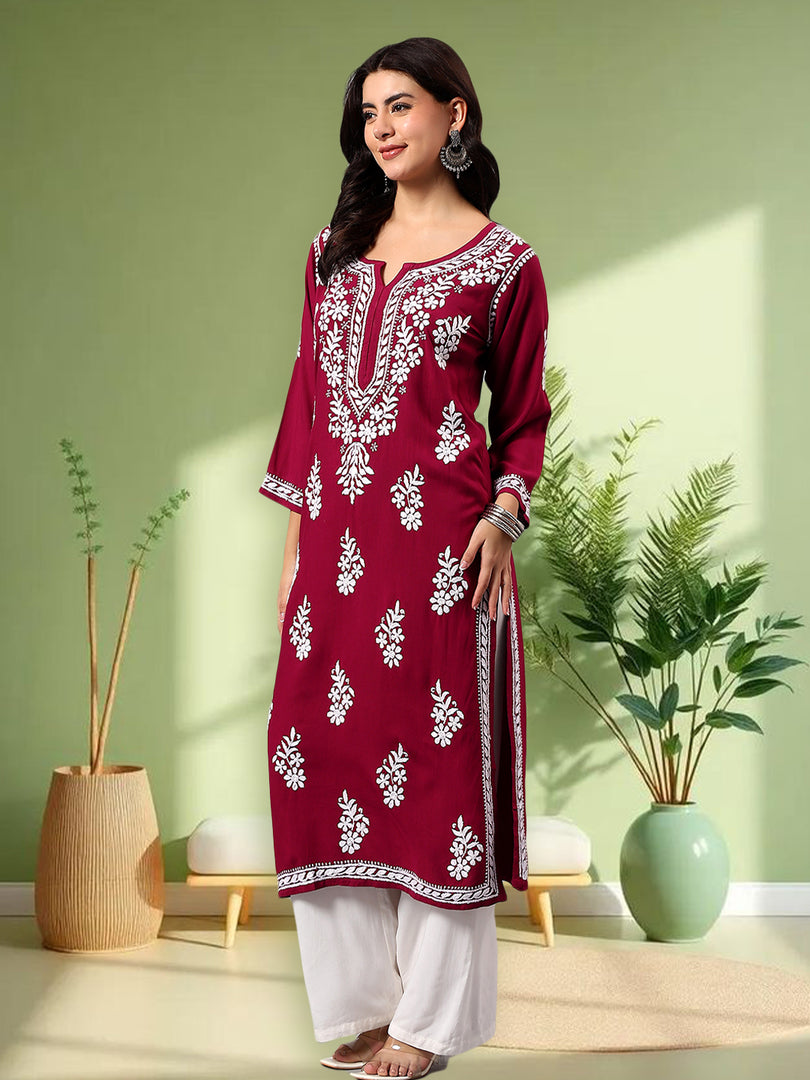Seva Chikan Hand Embroidered Lucknowi Chikankari Purple Rayon Kurta SCL4508