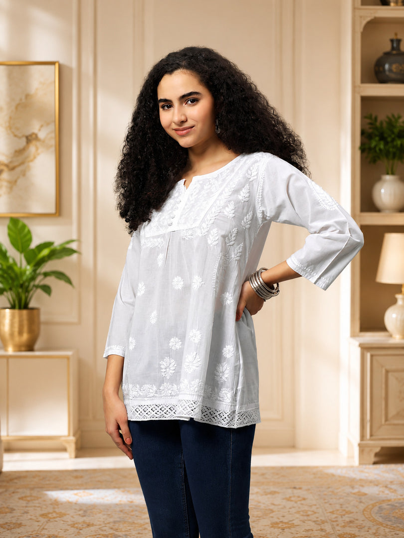 Seva Chikan Hand Embroidered White Cotton Lucknowi Chikankari Top SEV2000