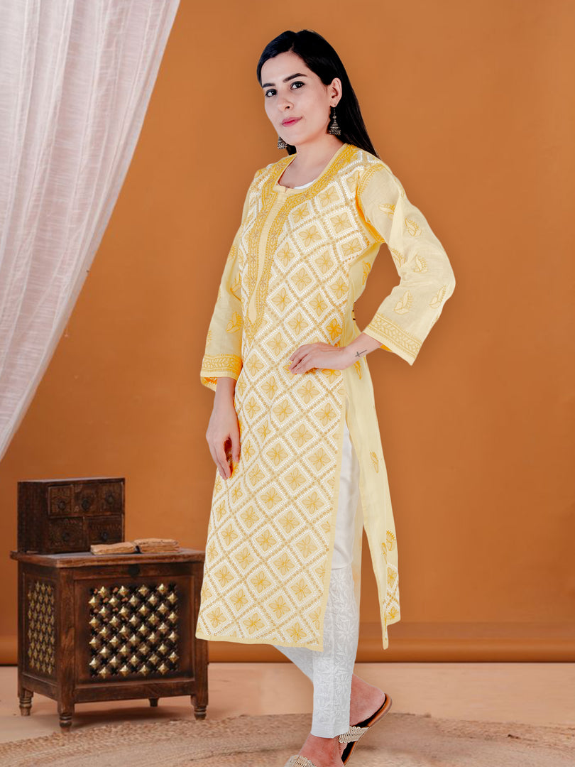 Seva Chikan Hand Embroidered Yellow Cotton Lucknowi Chikan Kurti SCL1219