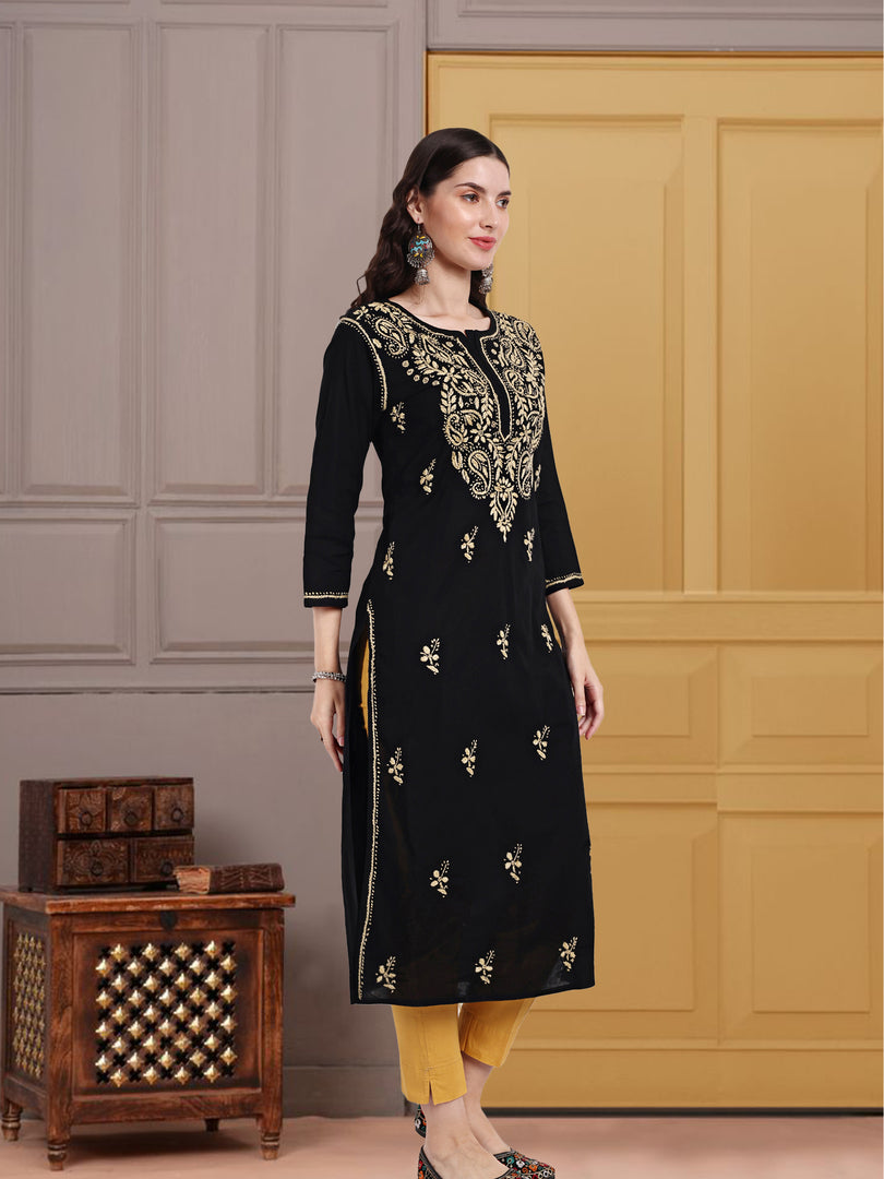 Seva Chikan Hand Embroidered Black Cotton Lucknowi Chikankari Kurta