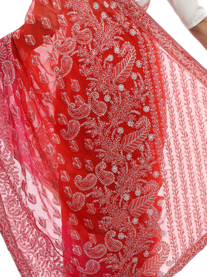 Seva Chikan Hand Embroidered Red Georgette Lucknowi Saree-SCL1993