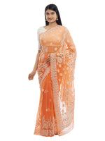 Load image into Gallery viewer, Seva Chikan Hand Embroidered Orange Georgette Lucknowi Saree With Gotta Patti Work-SCL2026