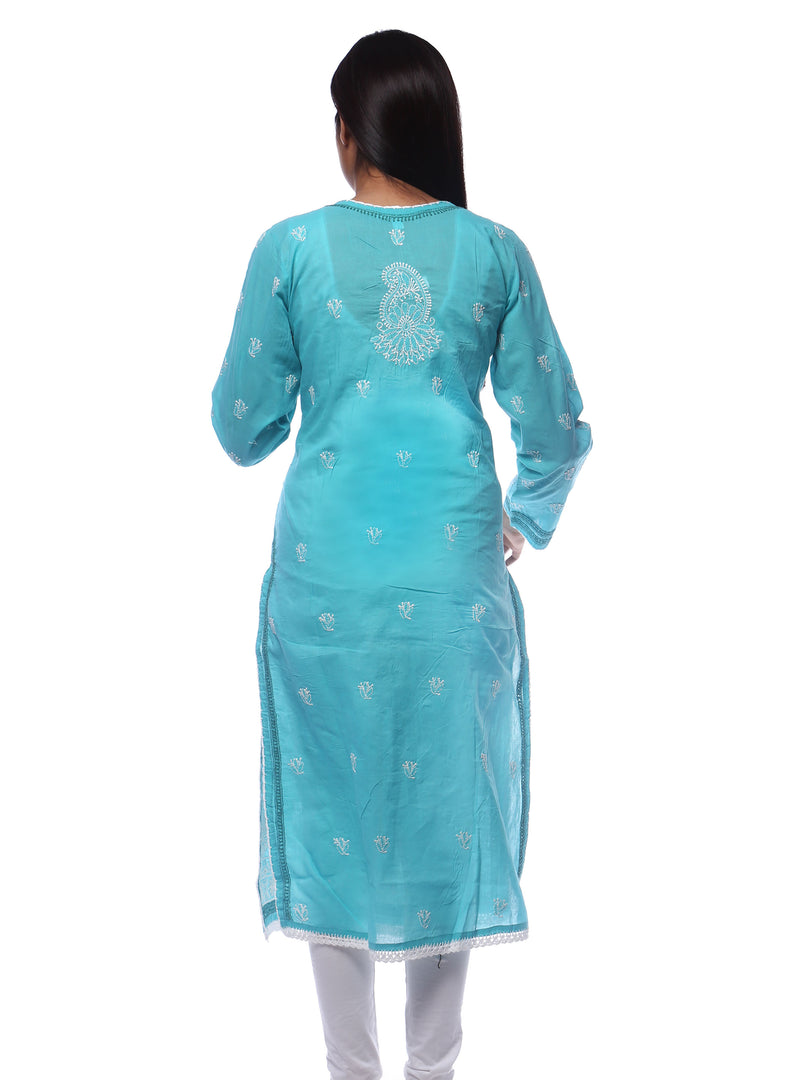 Seva Chikan Hand Embroidered Turquoise Cotton Lucknowi Chikan Kurti-SCL0273