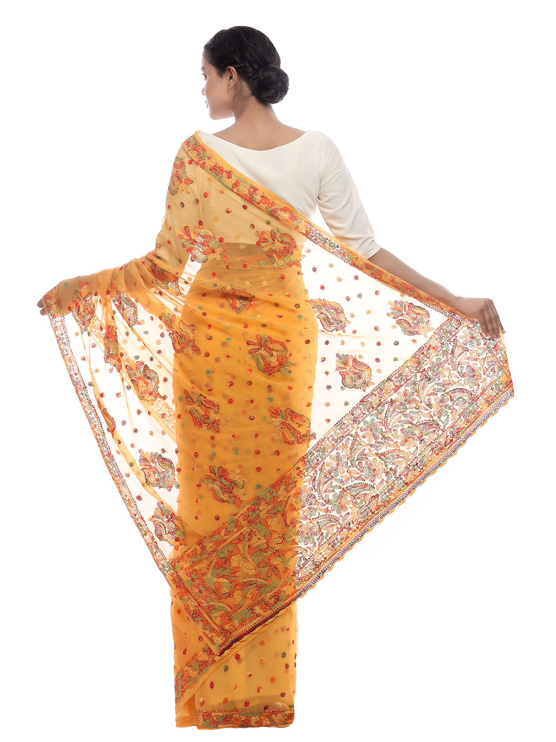 Seva Chikan Hand Embroidered Mustard Georgette Lucknowi Saree-SCL2287