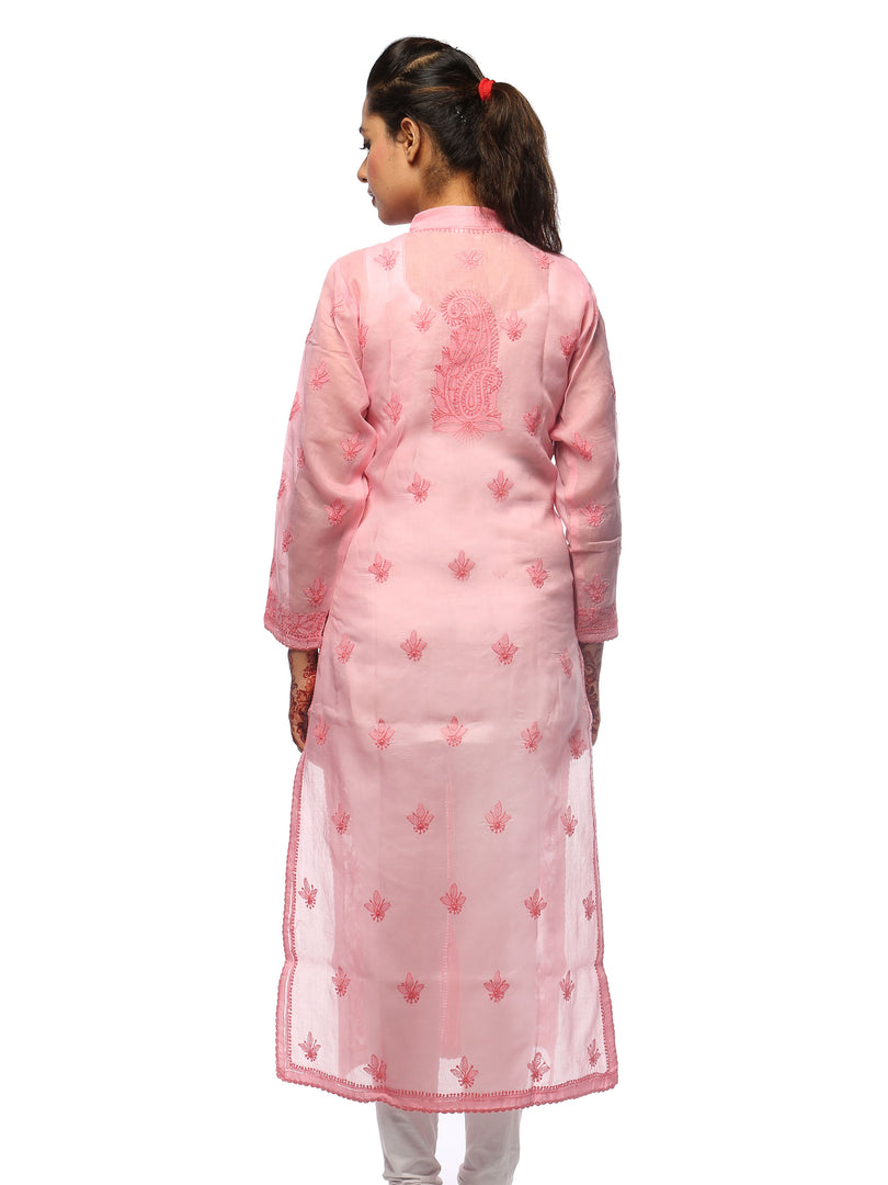 Seva Chikan Hand Embroidered Pink Cotton Lucknowi Chikan Kurti-SCL0613