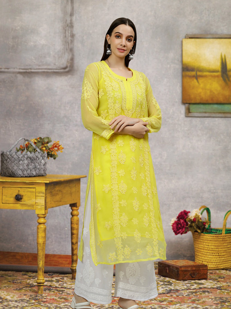 Seva Chikan Hand Embroidered Georgette Chikankari Kurta With Matching Slip