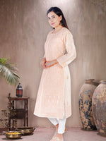 Load image into Gallery viewer, Seva Chikan Hand Embroidered Peach Cotton Lucknowi Chikan Kurti SCL1211
