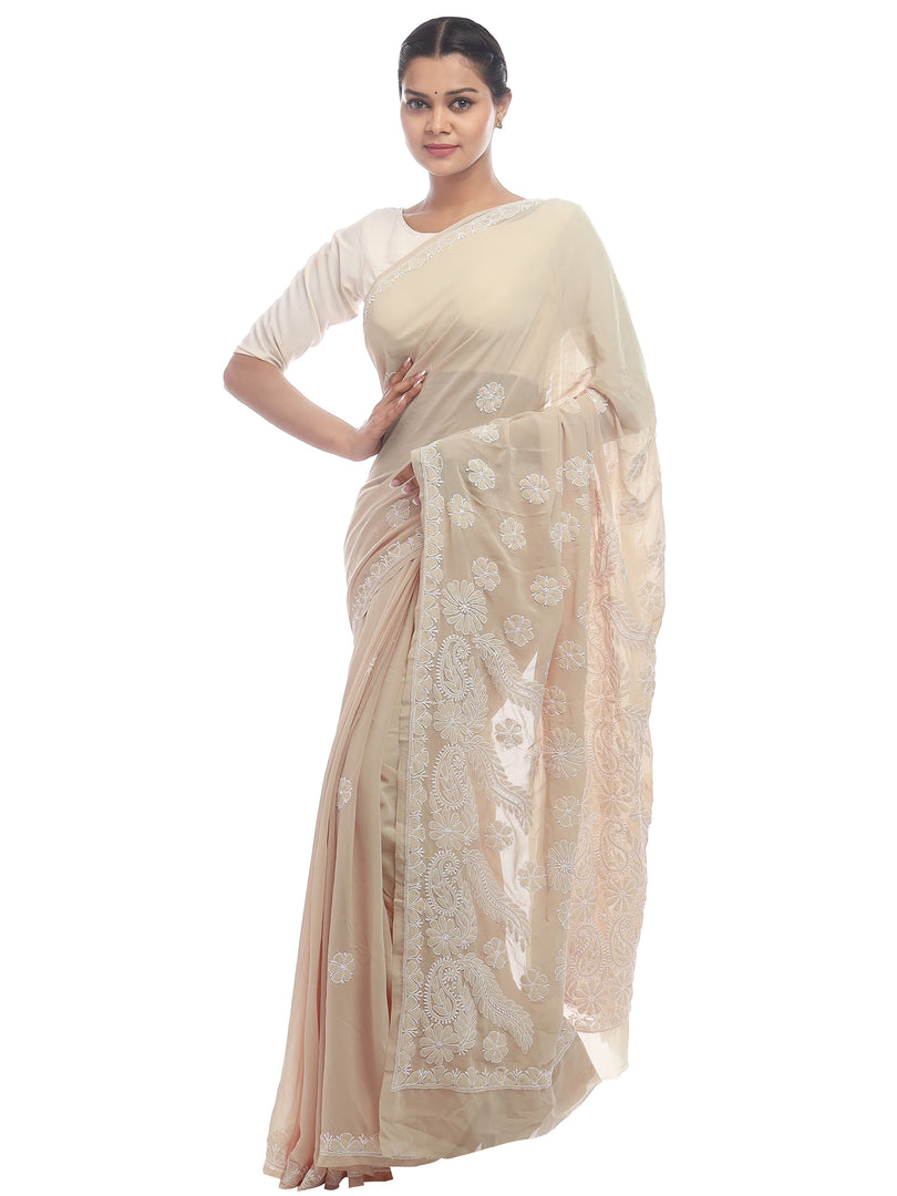 Seva Chikan Hand Embroidered Beige Georgette Lucknowi Chikan Saree-SCL2337