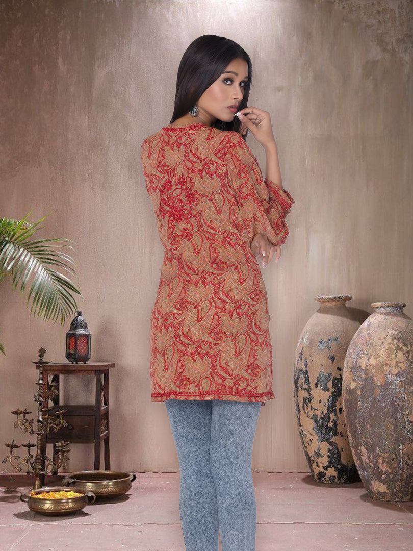 Seva Chikan Hand Embroidered Red Rayon Lucknowi Chikan Short Kurti SCL1050