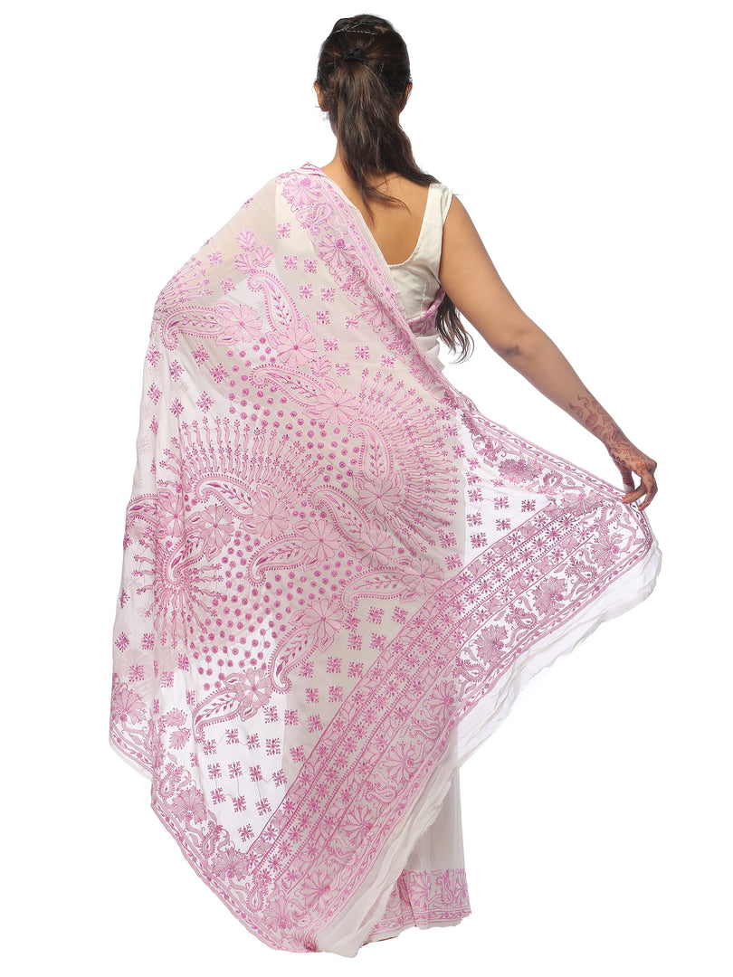 Pink Lucknowi Tepechi Work Saree|Lucknowi Chikankari Sarees Online At Best  Prices From Jhakhas.Com