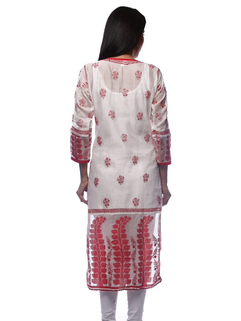 Seva Chikan Hand Embroidered White Chanderi Silk Lucknowi Chikan Kurti-SCL0249