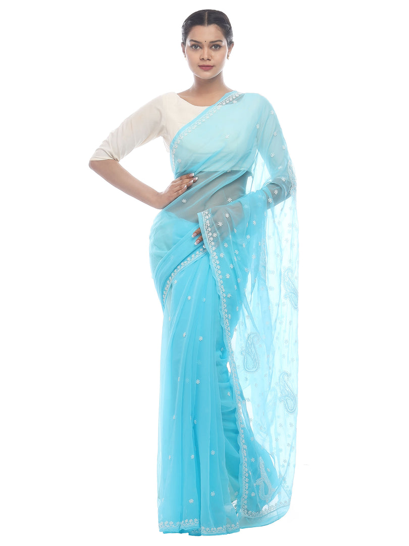 Seva Chikan Hand Embroidered Blue Georgette Lucknowi Saree-SCL2454