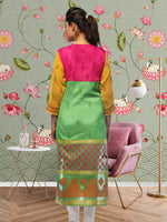 Load image into Gallery viewer, Seva Chikan Hand Embroidered Green &amp; Pink Chanderi Silk Lucknowi Chikan Kurti SCL0612
