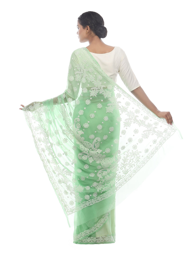 Seva Chikan Hand Embroidered Green Georgette Lucknowi Saree-SCL2451