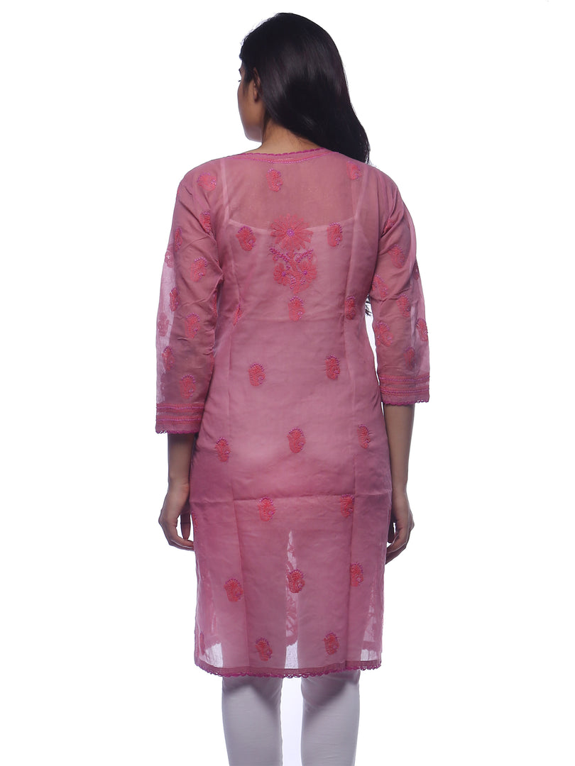 Seva Chikan Hand Embroidered Pink Cotton Lucknowi Chikan Kurti-SCL0231