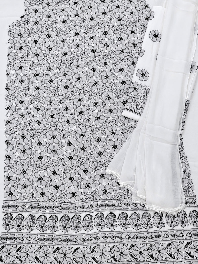 Seva Chikan Hand Embroidere White Terivoil Cotton Lucknowi Chikankari Unstitched Suit Piece-SEV15009