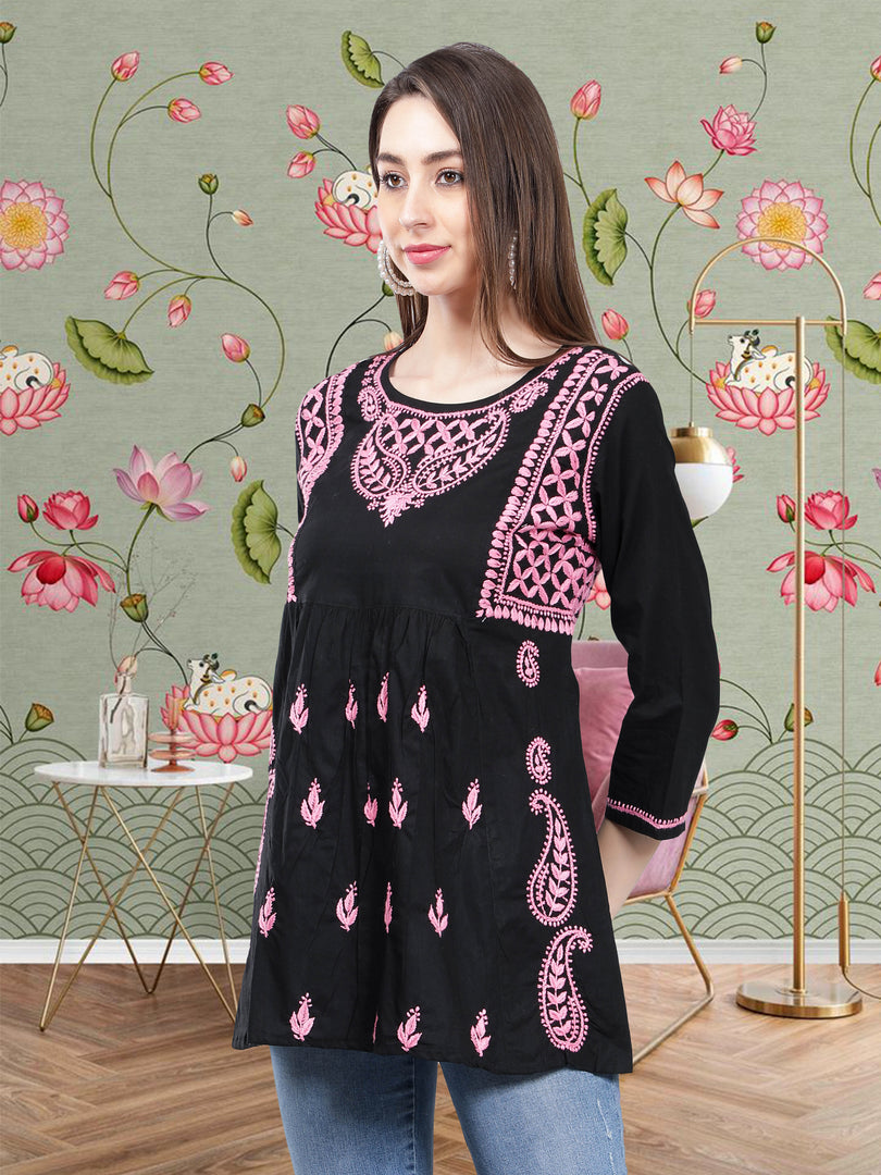 Seva Chikan Hand Embroidered  Black Cotton Lucknowi Chikankari Top