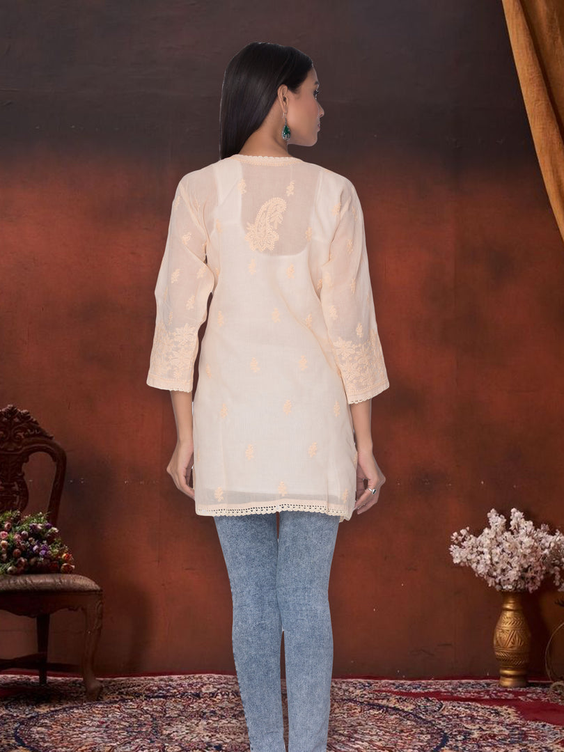 Seva Chikan Hand Embroidered Fawn Cotton Lucknowi Chikan Short Kurti SCL1055