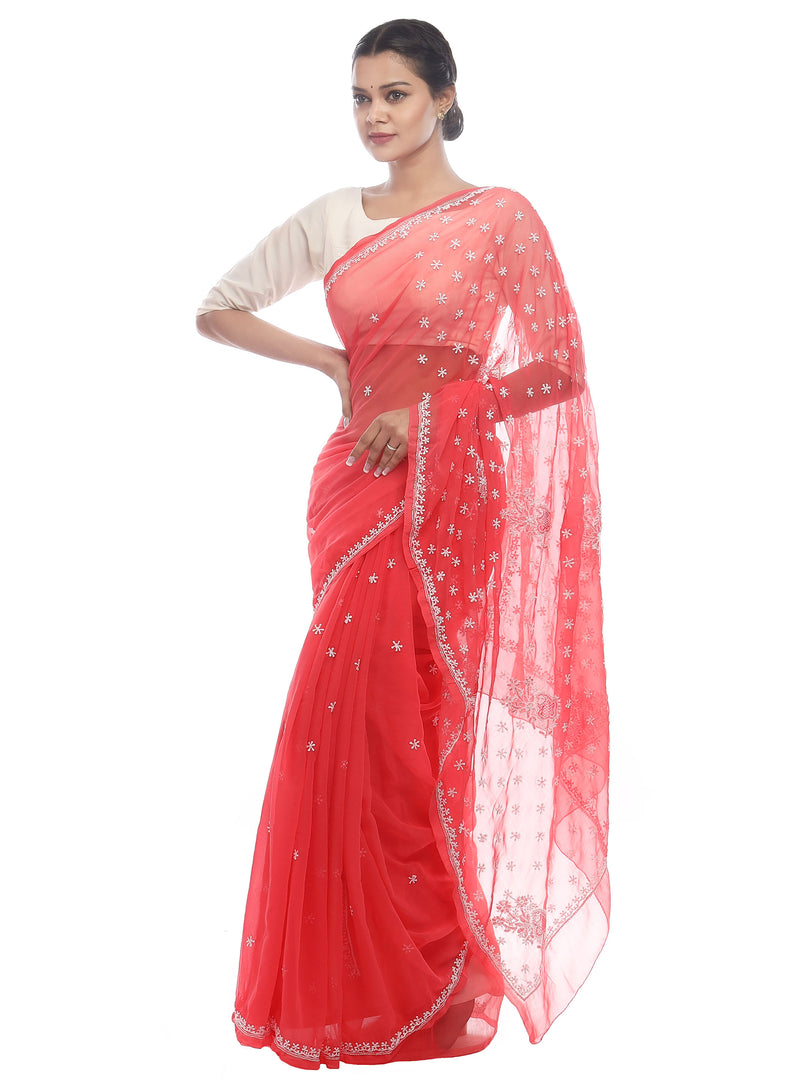 Seva Chikan Hand Embroidered Carrot Pink Georgette Lucknowi Saree-SCL2455